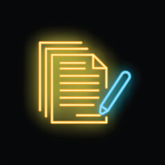 Bright neon sign depicting a stack of papers and a pen, symbolizing the concept of signing a contract