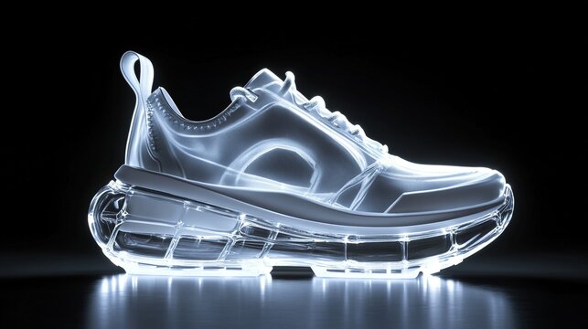 Glowing transparent sneaker on dark background.