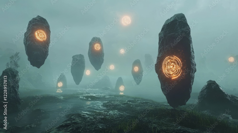 Poster a group of rocks with glowing eyes. some of the rocks are floating in the air. the rocks are scatter