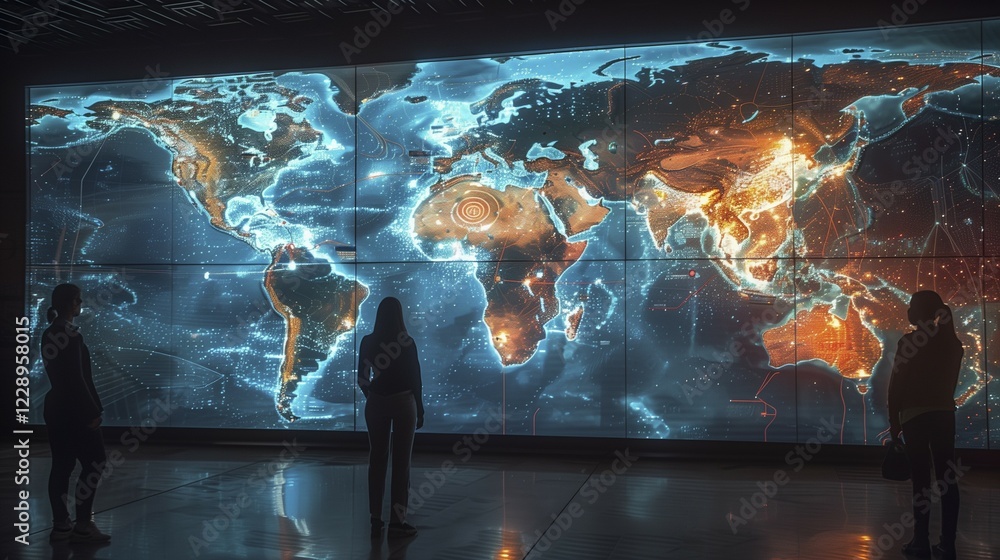 Poster silhouettes of people standing in front of a luminous world map. conceptual visualisation of global 