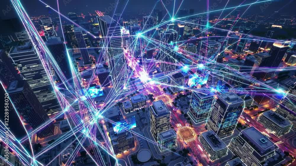 Aufkleber An abstract digital grid overlay on futuristic architecture, emphasizing the integration of data and AI-driven solutions shaping urban life.

