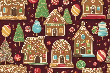 Abstract wallpaper illustration of of gingerbread house decoration, AI generated