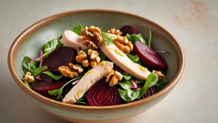 Ceramic bowl filled with beet salad chicken and walnuts Tasty nutritious idea.