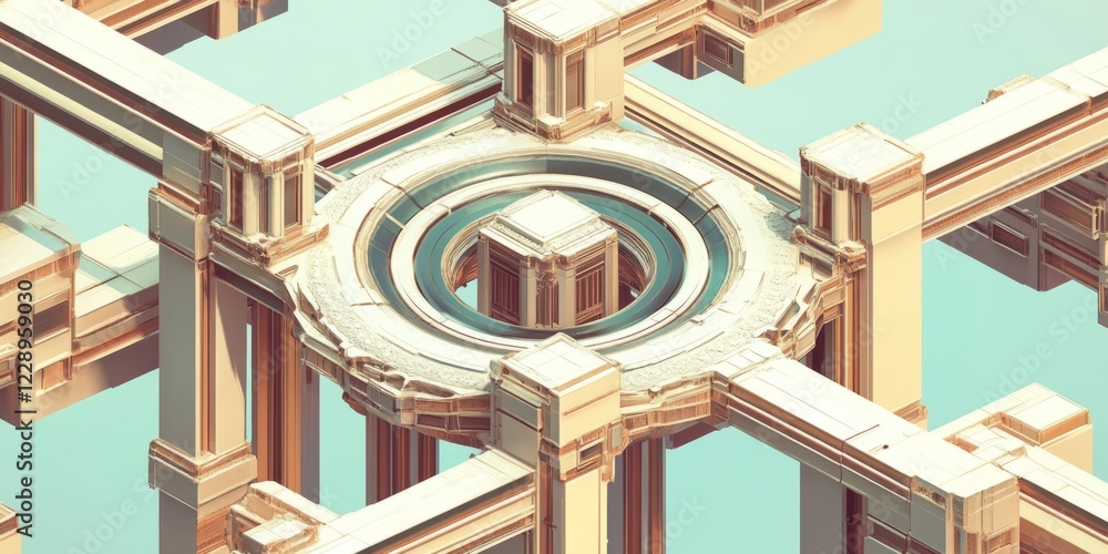 Poster building with a large circular structure in the middle. the building is made of white and brown mate