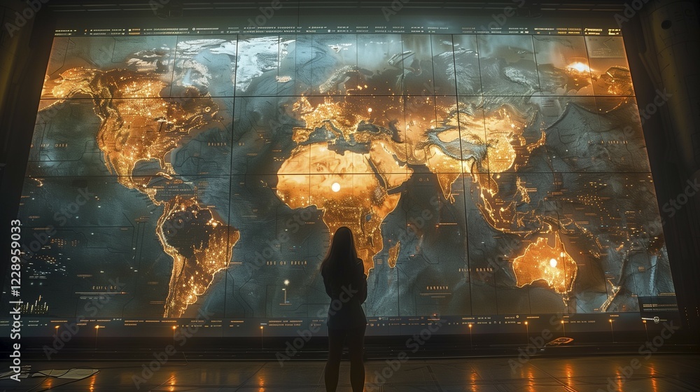 Poster silhouettes of people standing in front of a luminous world map. conceptual visualisation of global 