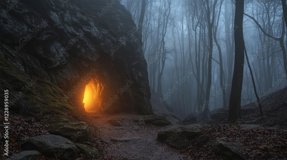 Poster a cave with a small opening and a light inside. the cave is surrounded by trees
