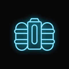 Fototapeta premium Bright blue neon icon of an oxygen tank is glowing against a black background