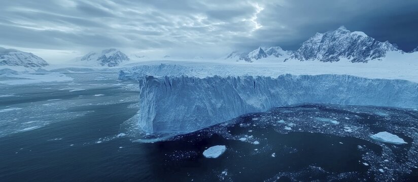A large ice shelf extending into the ocean surrounded by snow-covered mountains under a dramatic cloudy sky, AI generated