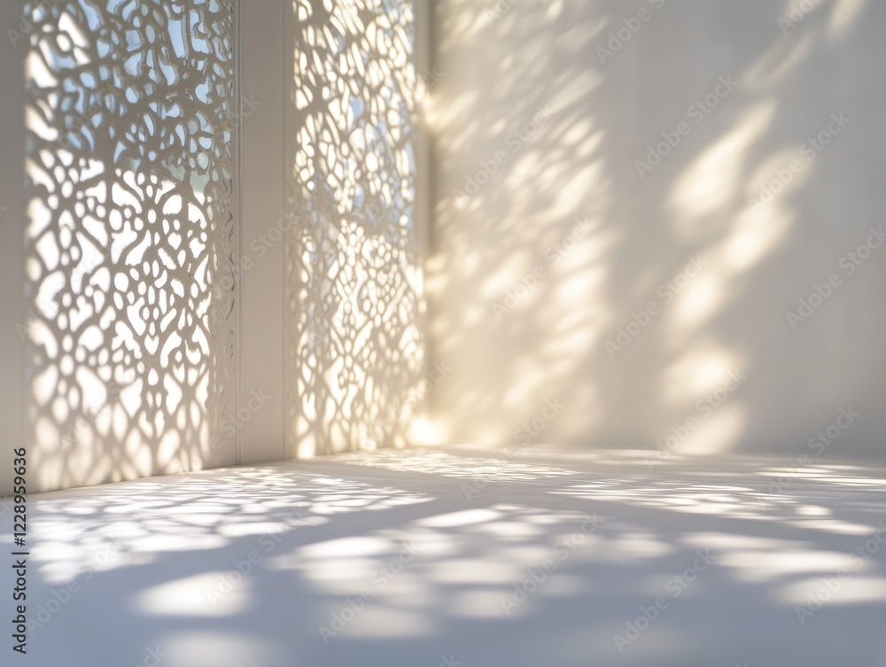 Poster sunlight streams through intricate cut-out screens, casting delicate patterns on a white wall and fl