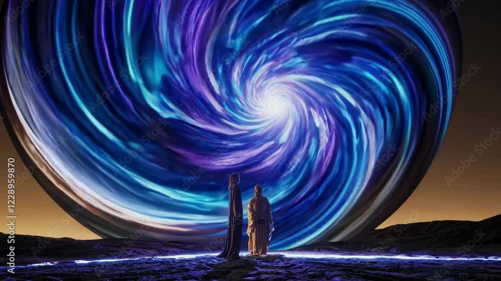 Aufkleber a cinematic shot of a contemplative figure standing in front of a giant, spiraling vortex of light, 