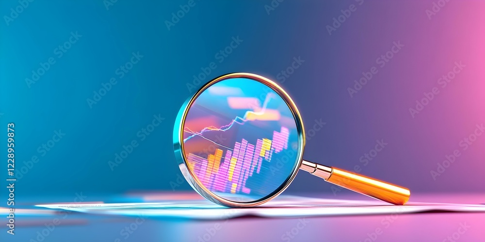 Poster a magnifying glass focusing on colorful financial charts and graphs, symbolizing analysis and data o