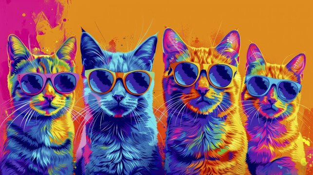 Four cats wearing sunglasses in a vibrant and colorful pop art style with a playful atmosphere, AI generated