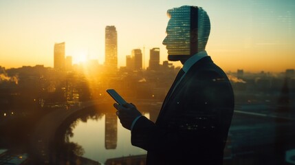 Fototapeta premium Silhouette of businessman using phone, cityscape sunrise double exposure.