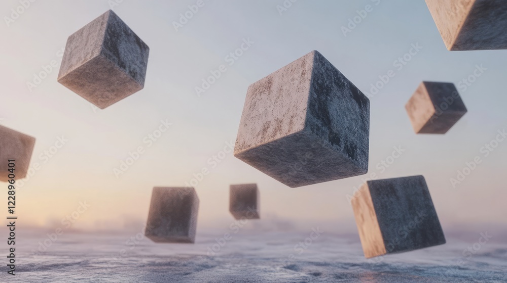Poster surreal image of stone cubes floating in a misty landscape at sunrise, creating a dreamlike and abst