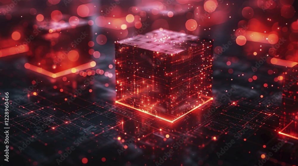 Poster futuristic neon red cube on a digital network platform with bokeh lights, ai generated, ai generated