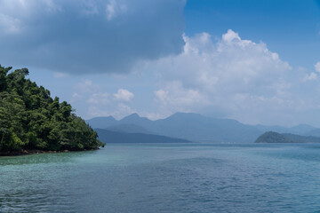 Tropical seas and ocean islands with tropical plants and trees