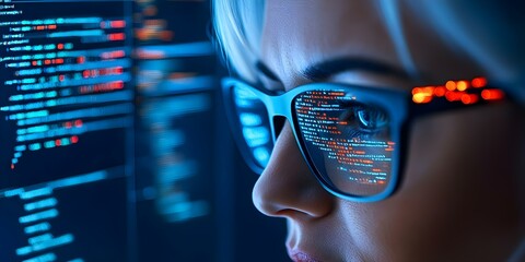 A person with glasses closely examining computer code reflected in them, surrounded by data and technology visuals. Concept Tech Enthusiast, Code Analysis, Reflected Visuals, Data-Driven Environment