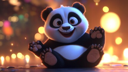 Adorable 3D rendered baby panda bear sitting, smiling, glowing bokeh background.