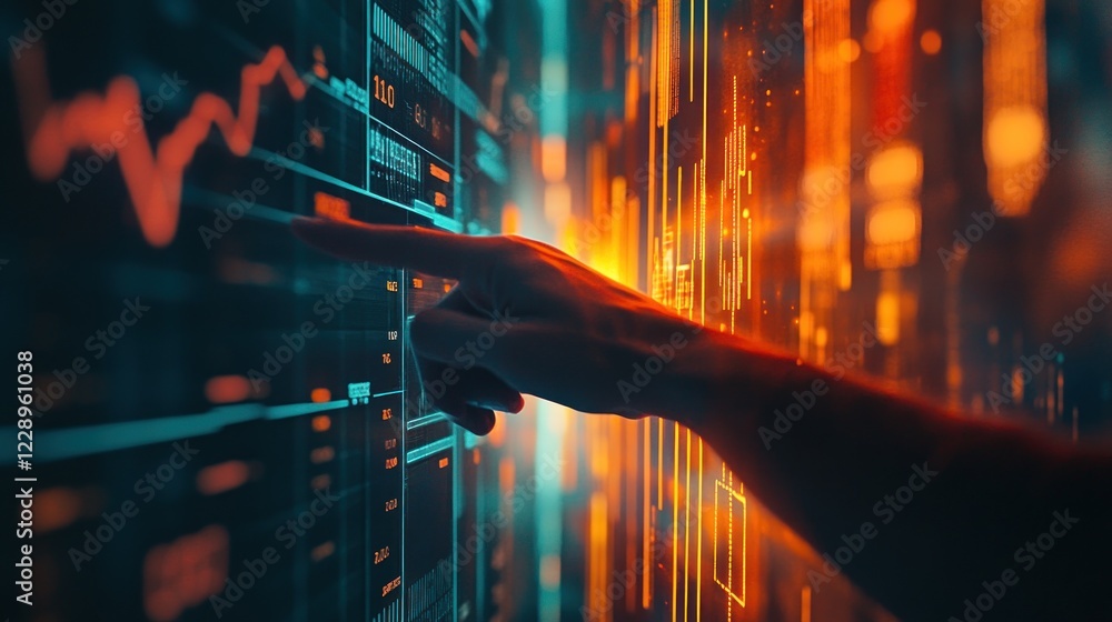 Aufkleber hand interacting with a futuristic digital interface displaying financial data, graphs, and charts.