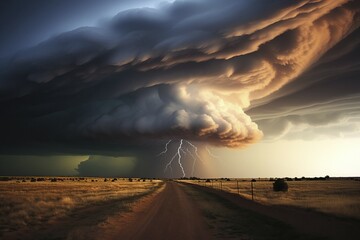 A huge tornado in the sky, road in front, natural disaster, severe weather, climate change, AI generated