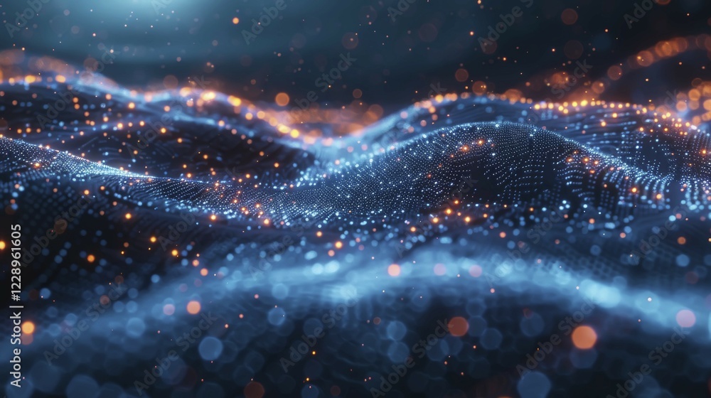 Poster dynamic wave-like patterns of blue and orange particles depicting abstract digital connectivity, ai 