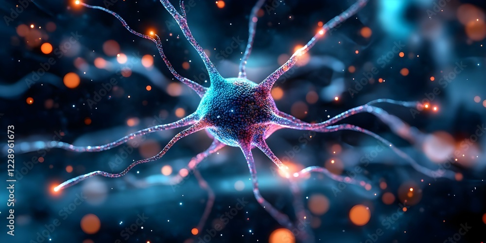 Poster a highly detailed, colorful 3d representation of a neuron, showcasing its structure and connections 