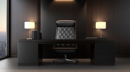 Luxurious black leather executive chair at a dark wood desk in a dimly lit office, flanked by modern table lamps. Concept of leadership and sophistication.