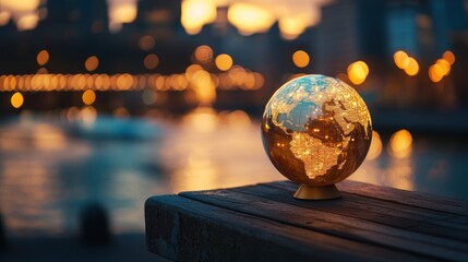 Illuminated globe on wooden bench at sunset, city backdrop.