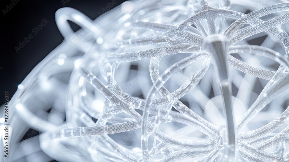 Poster close-up of a complex, translucent, white, 3d-printed structure resembling a network or neural pathw