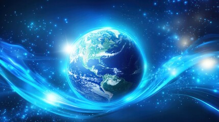 Obraz premium A vibrant Earth globe graphic with radiant blue belt lines intersecting dynamically, surrounded by abstract glowing effects.
