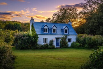 Charming white cottage with blue roof at sunset, surrounded by lush greenery and a manicured lawn.