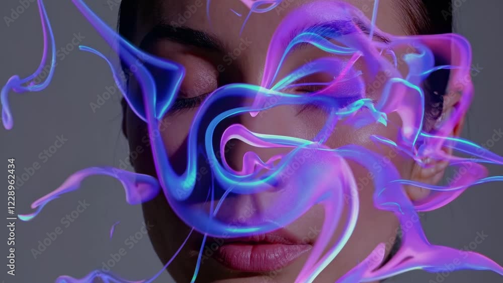 Poster a close-up of a person’s face with eyes closed, overlaid by flowing, abstract shapes that represent 