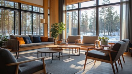 Obraz premium Sunlit modern living room with large windows overlooking a snowy forest.