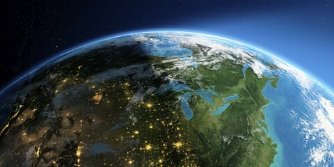 Highly detailed Earth with atmosphere, exaggerated relief and light-flooded cities. Transition from night to day. The northern U.S. states and Canada. 3D rendering. Elements of this image furnished by NASA