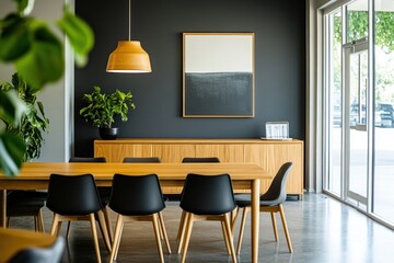 Fototapeta premium Modern office dining area with light wood table and chairs, dark wall, plants, and artwork.
