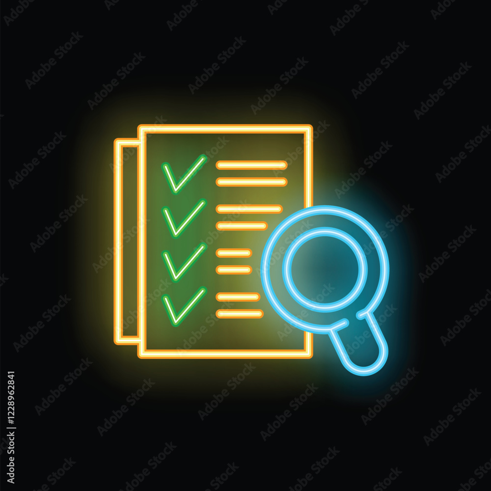 Poster bright neon icon of magnifying glass analyzing checked checklist symbolizing auditing process
