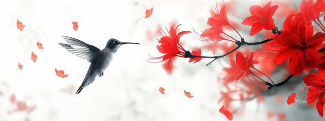 Hummingbird gracefully hovers by vibrant red flower against pure white backdrop with ample branding space