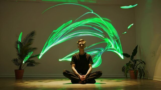 A person sitting in a tranquil environment, surrounded by swirling light trails that illustrate the flow of ideas and problem-solving.
