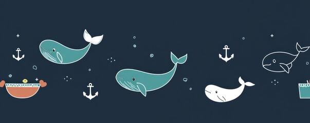 Cute cartoon whales, anchors, and treasure chests on a dark blue background.