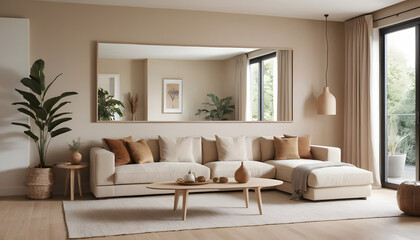 Beige Living Room with Mirror