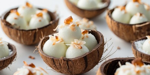 Fresh Coconut Desserts in Rustic Coconut Shells