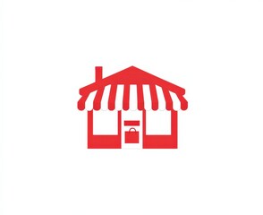 Fototapeta premium Red Storefront Icon with Striped Awning and Closed Sign on Door