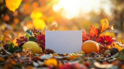 Blank card on autumn leaves with fruits and flowers, sunlit background.