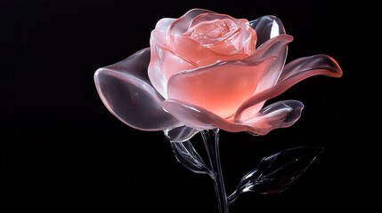 Glowing translucent pink glass rose on black.