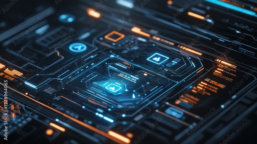 Poster abstract digital technology interface with glowing lines and icons.