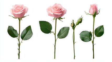 Set of beautiful pink roses with delicate petals and vibrant green leaves, perfect for any romantic occasion.