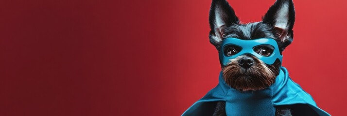 Superhero dog in blue cape and mask on red background.