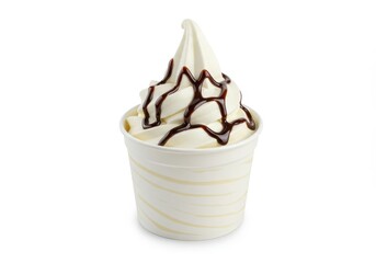 A cup of creamy vanilla soft serve ice cream swirled to perfection and drizzled with rich chocolate syrup isolated on a white background