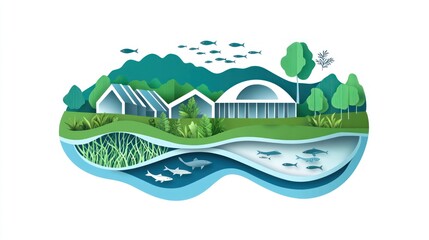 Sustainable eco-village with clean energy, aquatic life, and modern architecture.