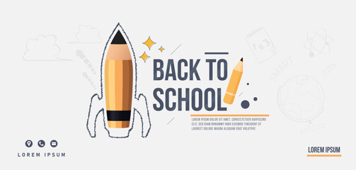 Design template to welcome back to school with a white background and stationery ornaments, rockets and abstract ornaments. Return to studying in the classroom